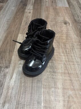 Kids Black Patent Lace-Up Boots